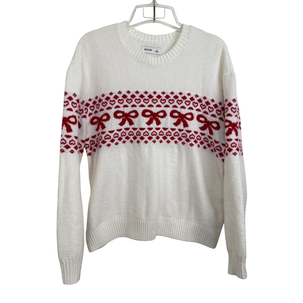 Hollister Bow Heart Fair Isle Sweater‎ Cream Red Women's Sm Cozy Soft Valentine